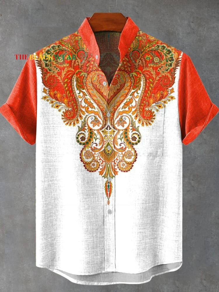 New retro tribal totem pattern printing men's new linen shirt-Shirts-Bennys Beauty World