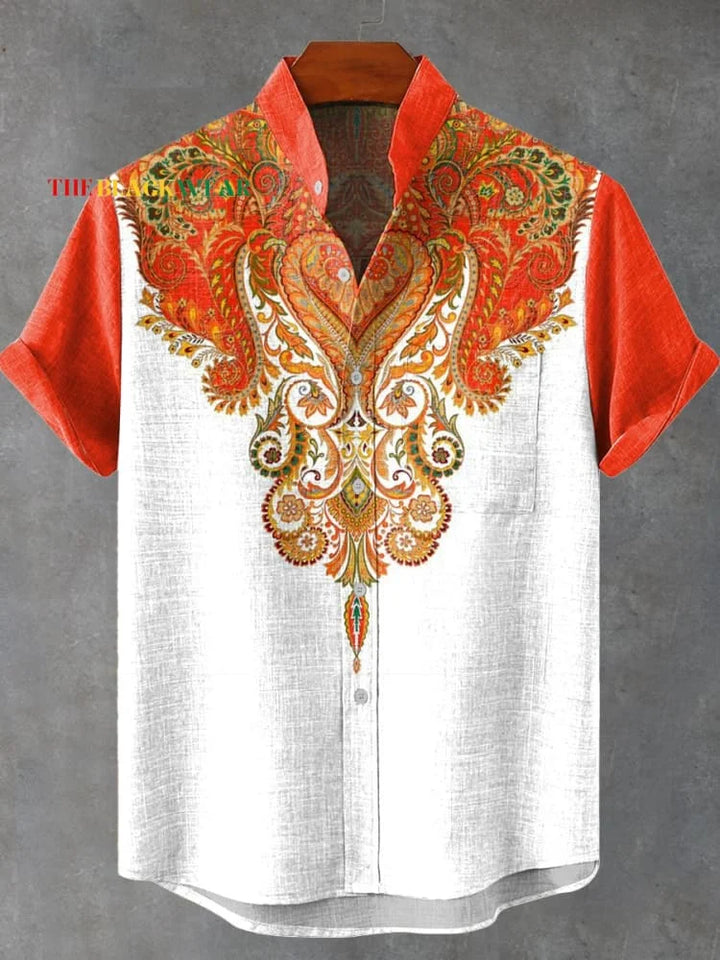 New retro tribal totem pattern printing men's new linen shirt-Shirts-Bennys Beauty World
