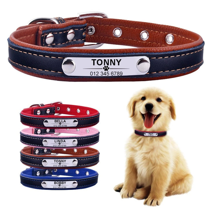 Adjustable Personalized Dog Collar Leather Puppy ID Name Custom Engraved XS-L Bennys Beauty World