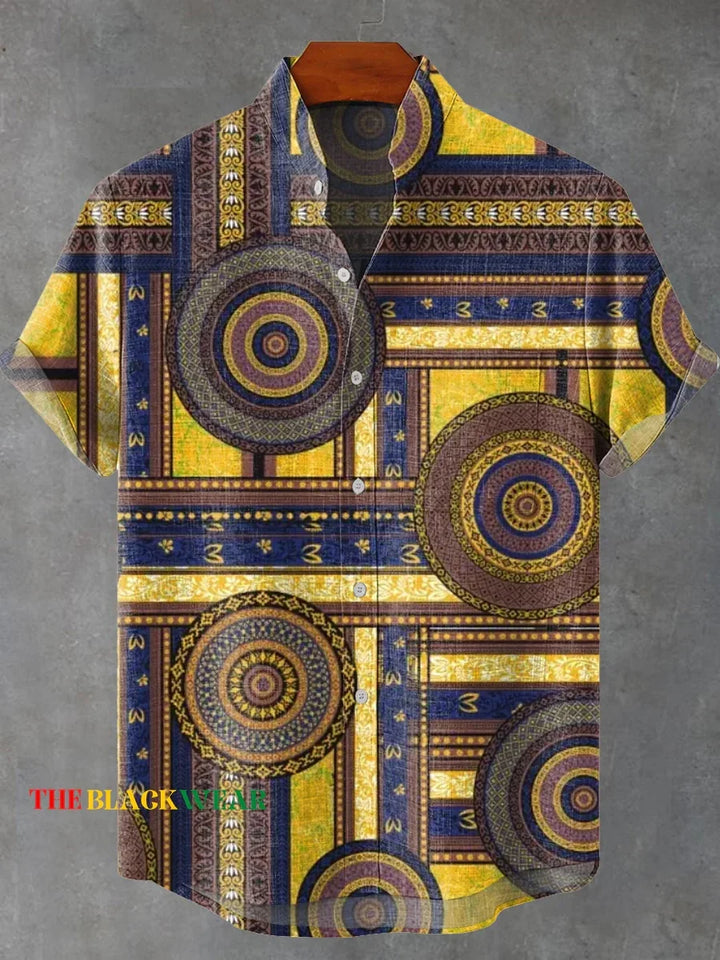 New retro tribal totem pattern printing men's new linen shirt-Shirts-Bennys Beauty World