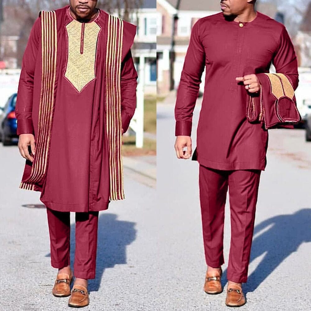 African Agbada Suit For Men Embroidered Robes Dashiki Cover Shirt Pants 3 PCS Set Bennys Beauty World