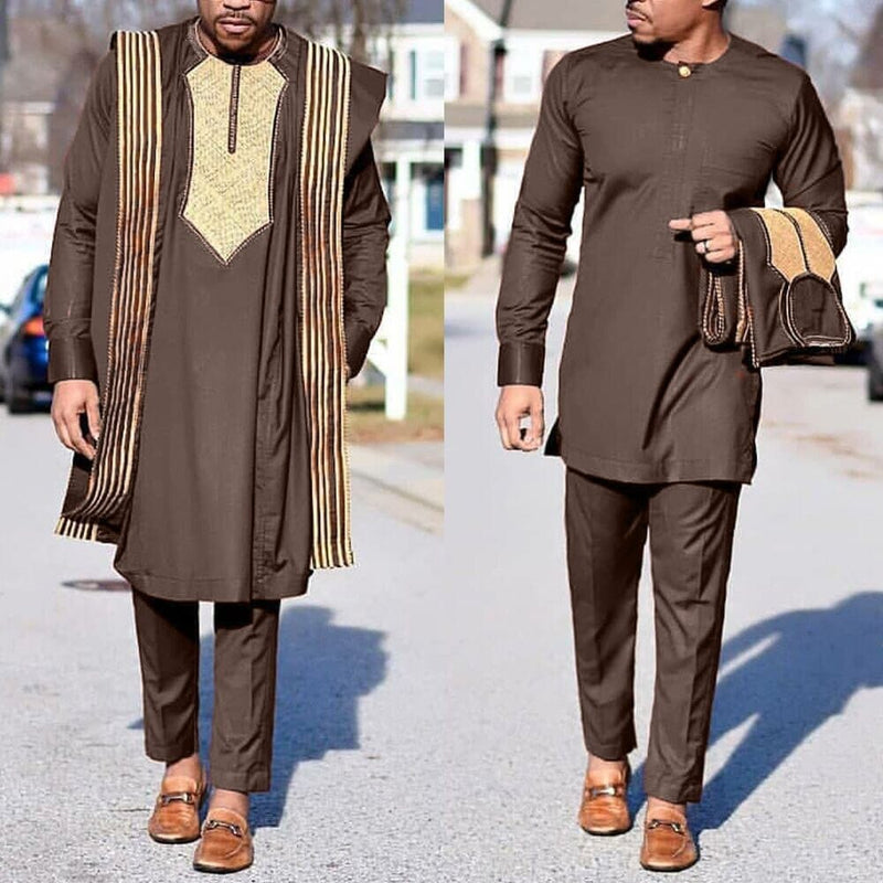 African Agbada Suit For Men Embroidered Robes Dashiki Cover Shirt Pants 3 PCS Set Bennys Beauty World