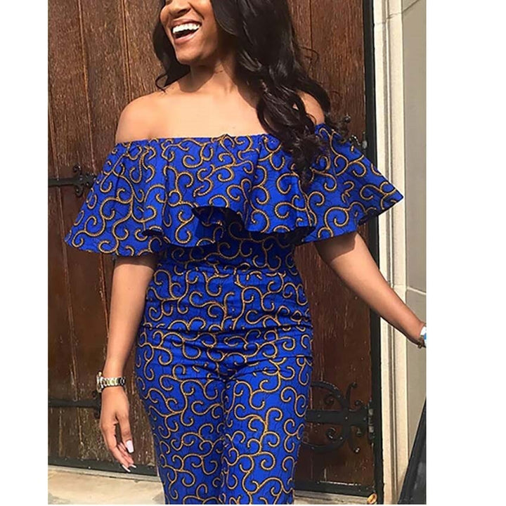 African Clothes Women Blue Color Ruffles Strapless Off Shoulder Jumpsuit Bennys Beauty World