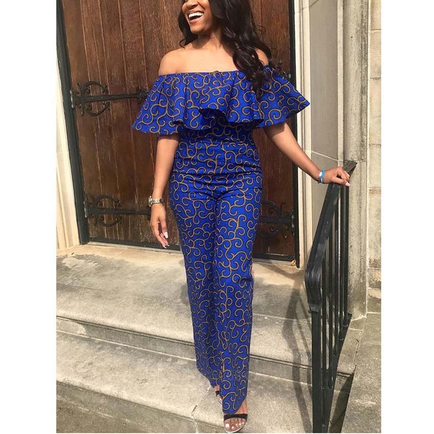 African Clothes Women Blue Color Ruffles Strapless Off Shoulder Jumpsuit Bennys Beauty World