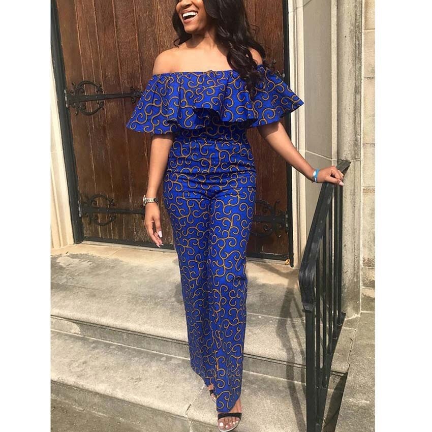 African Clothes Women Blue Color Ruffles Strapless Off Shoulder Jumpsuit Bennys Beauty World