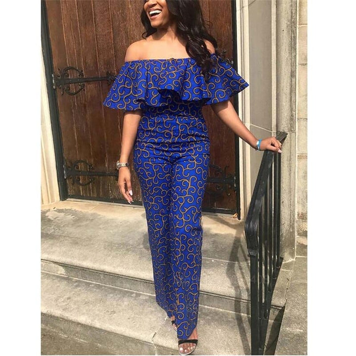 African Clothes Women Blue Color Ruffles Strapless Off Shoulder Jumpsuit Bennys Beauty World