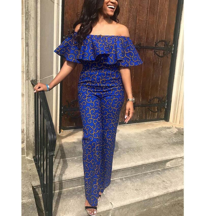 African Clothes Women Blue Color Ruffles Strapless Off Shoulder Jumpsuit Bennys Beauty World