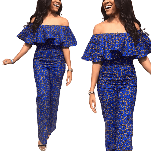 African Clothes Women Blue Color Ruffles Strapless Off Shoulder Jumpsuit Bennys Beauty World