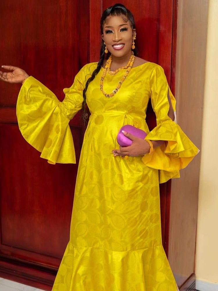 Yellow aso ebi lace styles catalogue  African print fashion dresses, Lace  dress styles, Lace fashion