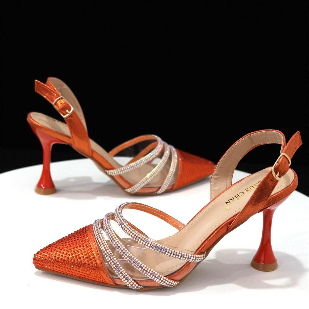 African Women's Orange Color Elegant High Heels Shoes And Bag Set Bennys Beauty World