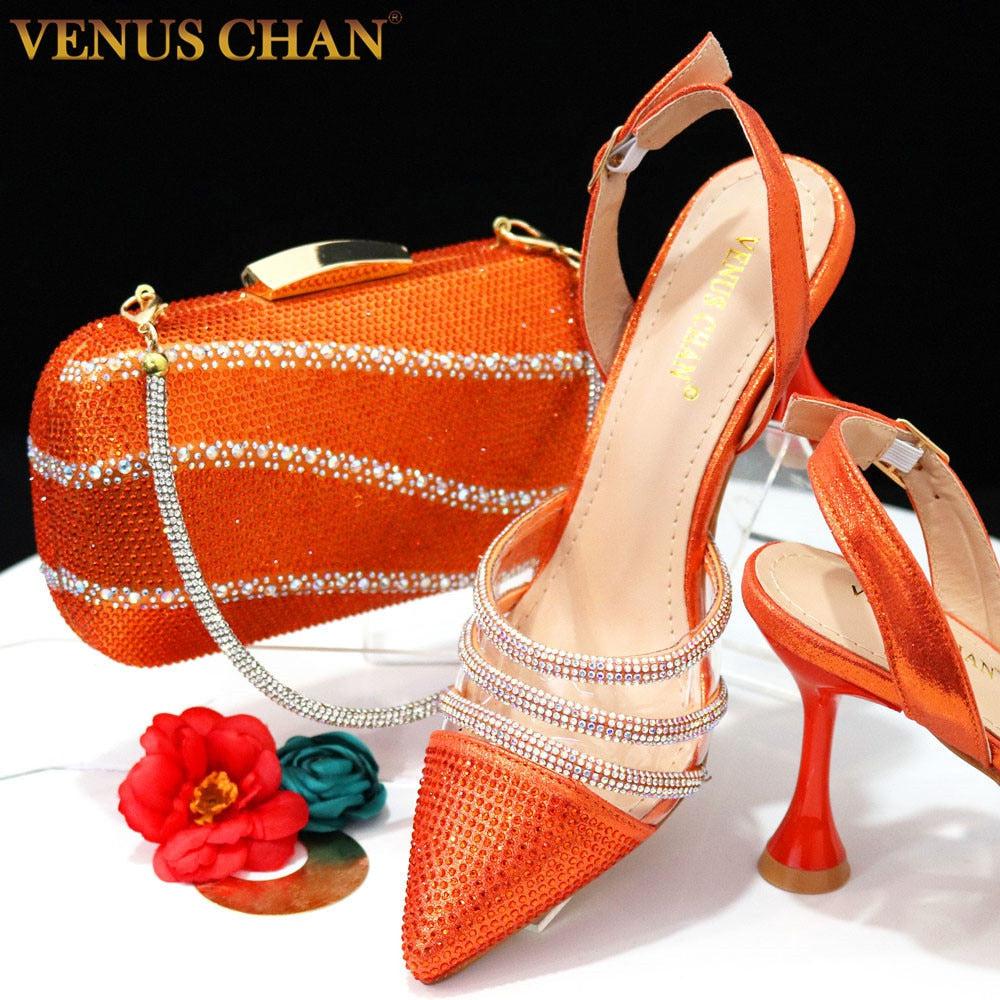 African Women's Orange Color Elegant High Heels Shoes And Bag Set Bennys Beauty World