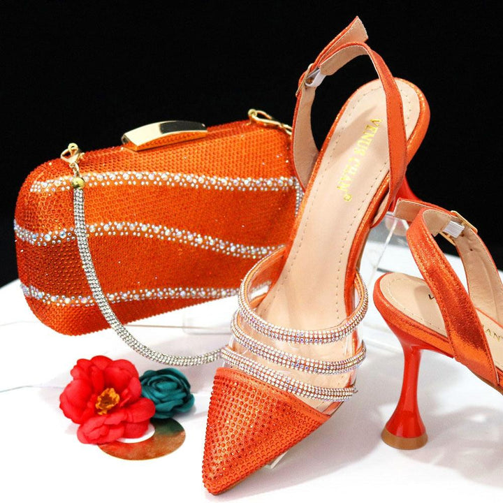 African Women's Orange Color Elegant High Heels Shoes And Bag Set Bennys Beauty World