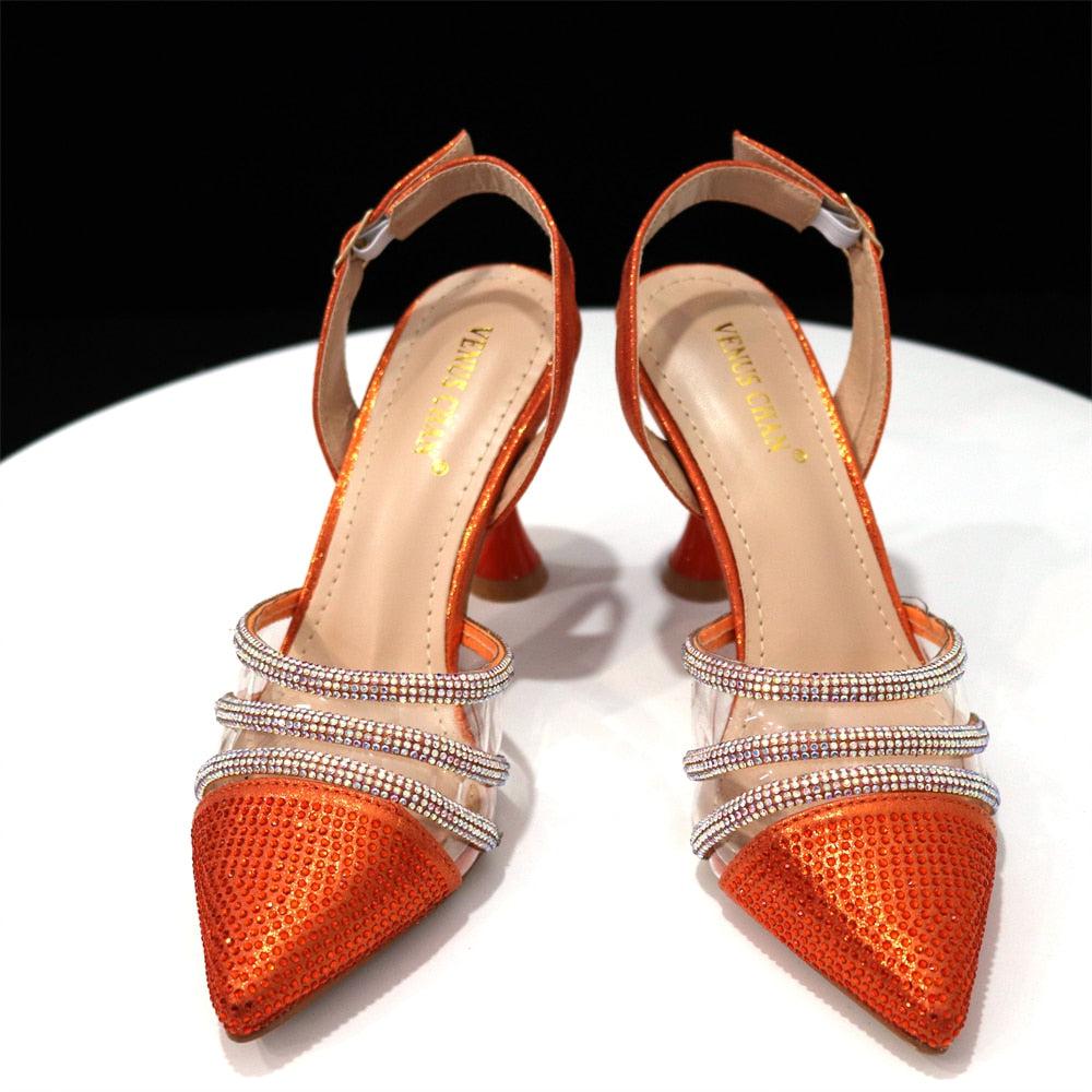 African Women's Orange Color Elegant High Heels Shoes And Bag Set Bennys Beauty World