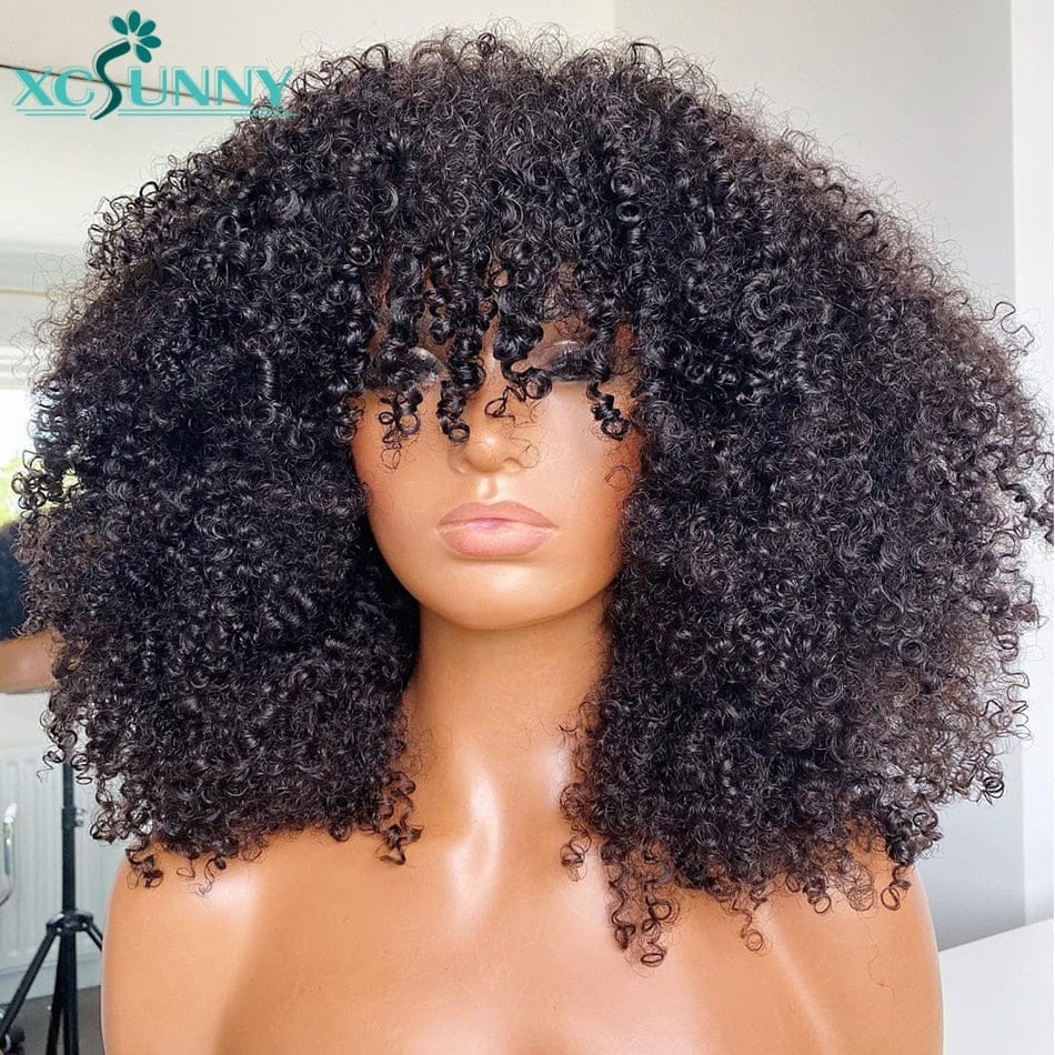Afro Kinky Curly Wig With Bangs Full Machine Made Remy Hair BENNYS 