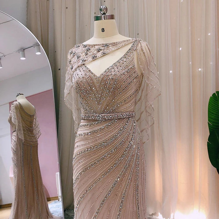 Arabic Champagne Dubai Mermaid Evening Dress With Cape Bennys Beauty World