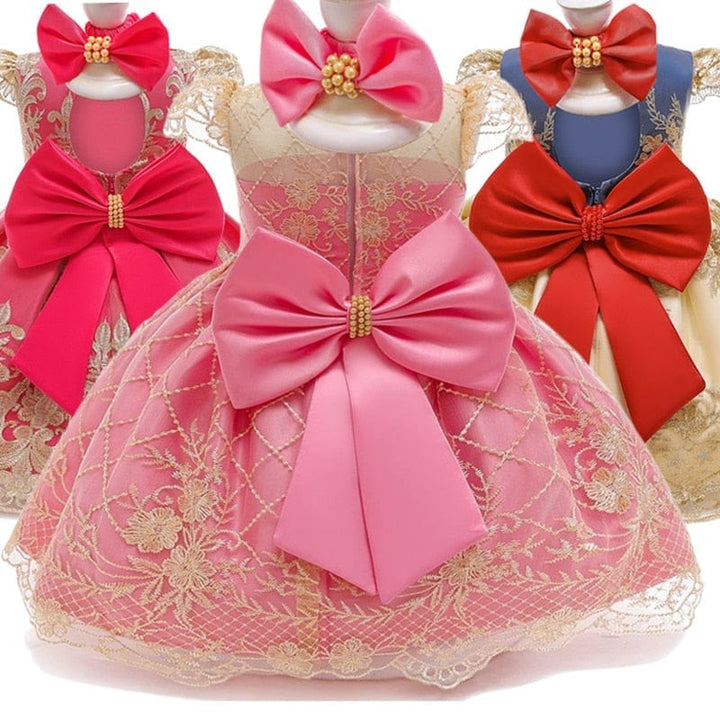 Baby Girl 1st Year Birthday Bow Dress Lace Christening Gown Bennys Beauty World