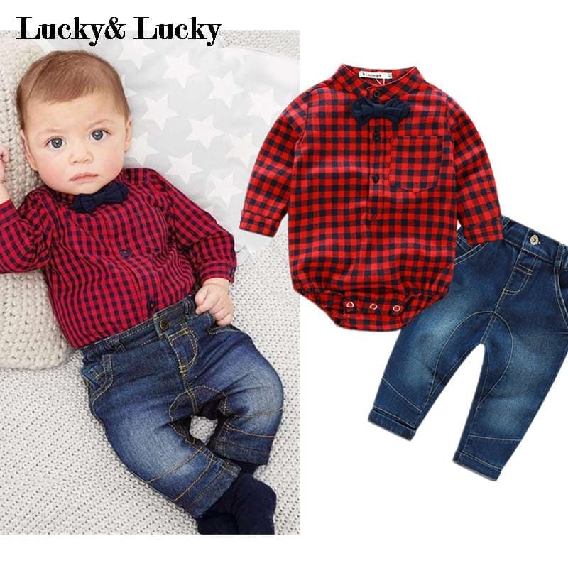 Baby boys clothing set plaid rompers newborn baby clothes Bennys Beauty World