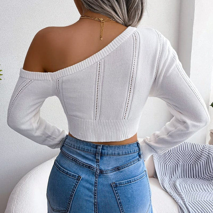 Bare Shoulders Knitted Sweater Women Long Sleeve Short Pullover Clothes Bennys Beauty World