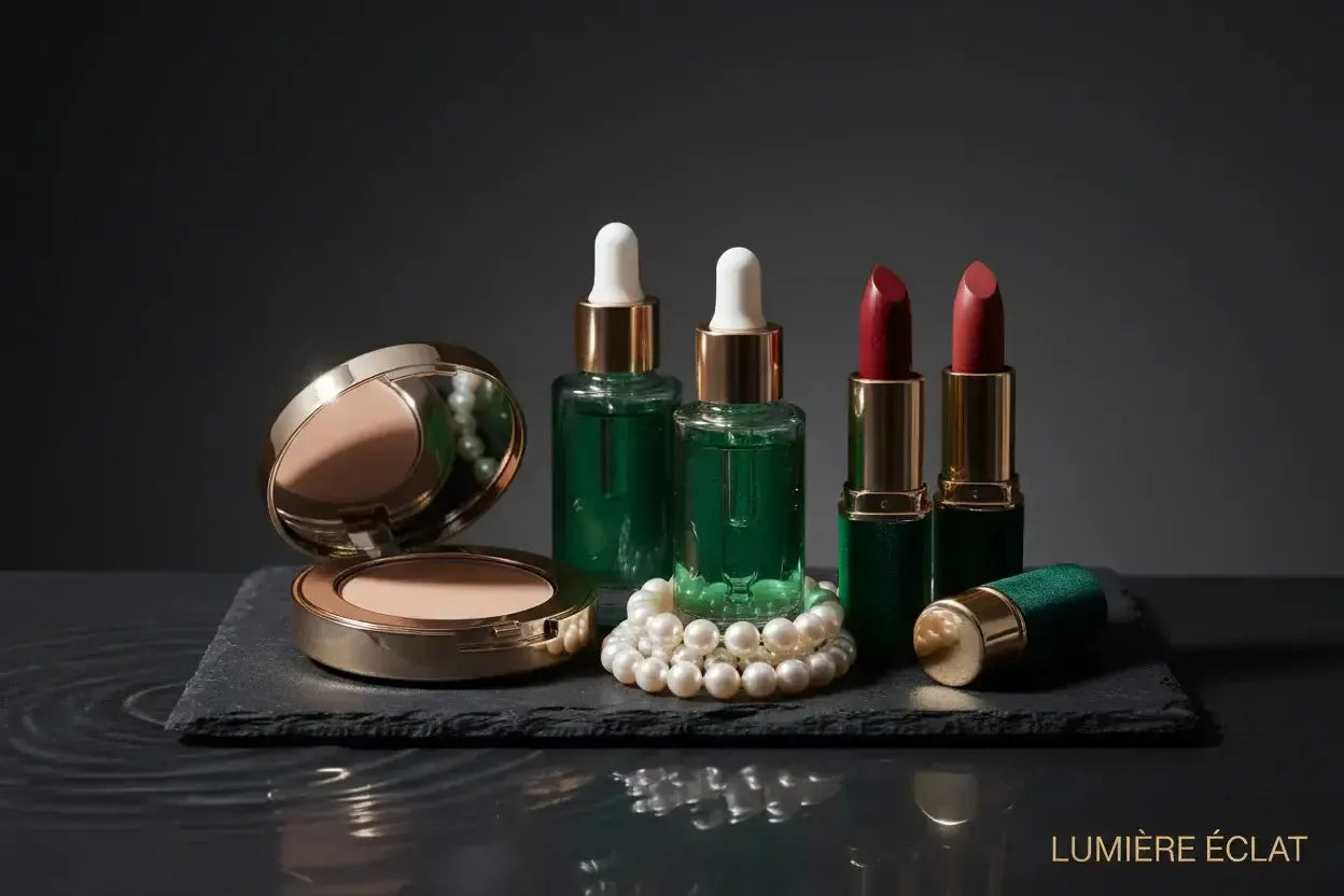 Cosmetic products including lipsticks, a compact, and bottles on a dark surface with 'Lumérie âclat' branding.