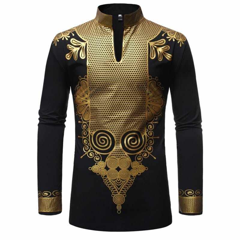 Black African Dashiki Printed Men's Slim Fit Long Sleeve Shirt Bennys Beauty World