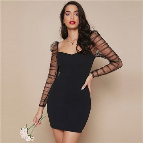 Black Rushed Sheer Sleeve Body-con Dress For Women Bennys Beauty World