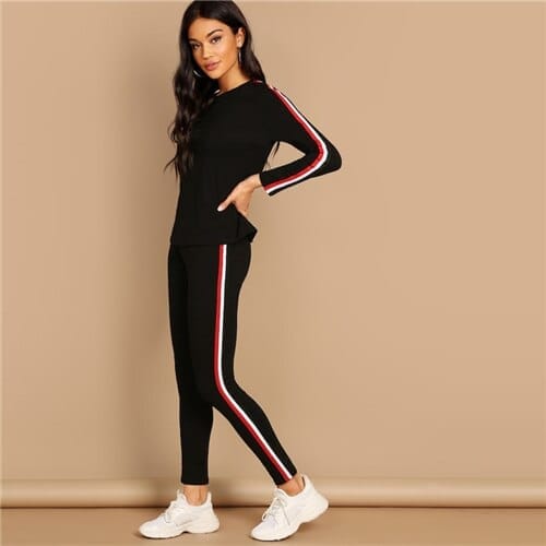 Black Striped Tape Tee Pants Long Sleeve Round Neck Top and Pants Bennys Beauty World