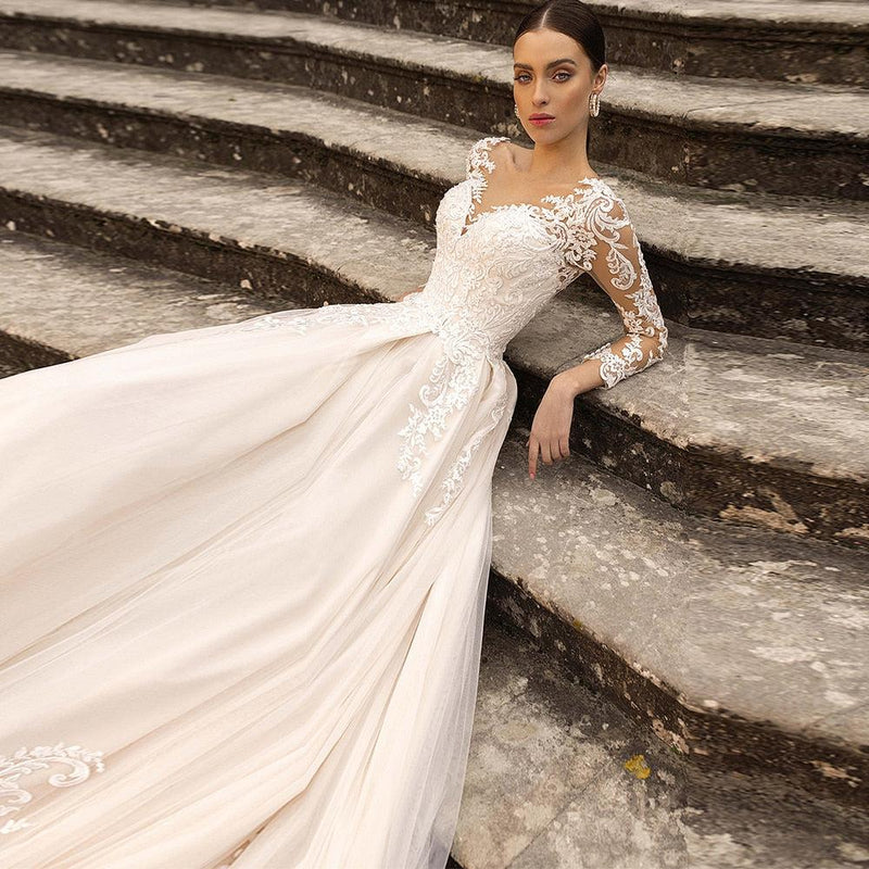 Boho Lace Tulle Wedding Dress  Princess Champagne A-Line  Dress Bennys Beauty World