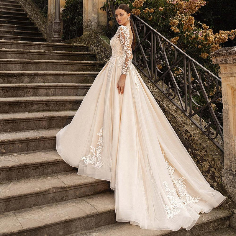 Champagne Long Bohemian Lace Designer Wedding Gown - BETANCY