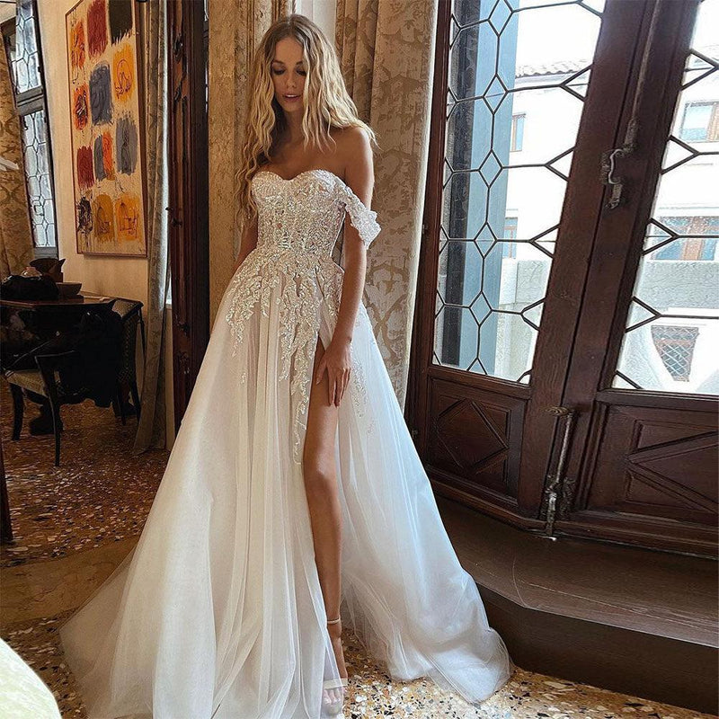 Boho Wedding Dresses Crystal Beaded Off the Shoulder Lace Wedding Gown Bennys Beauty World