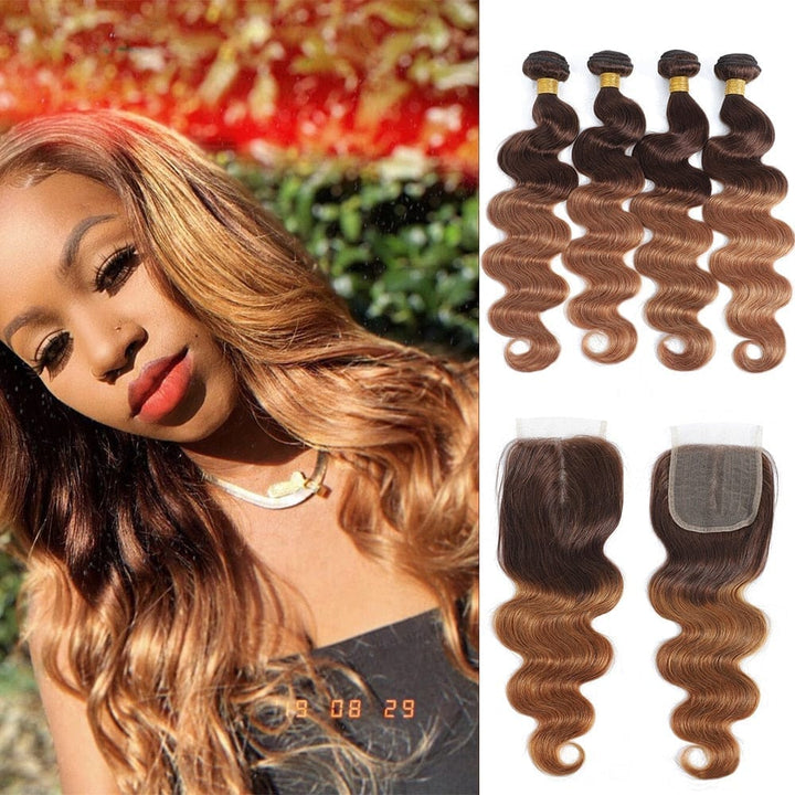 Brazilian Body Wave Hair Weave 3/4 Bundles With Closure Ombre Human Bundles Bennys Beauty World