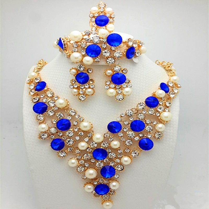 Bridal Jewelry for Women African Blue & pink gem Necklace  And Earrings Bennys Beauty World