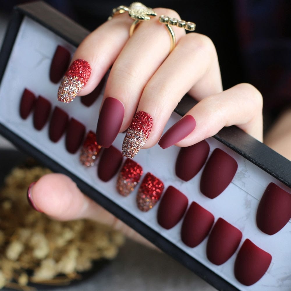 Burgundy Ombre Glitter Coffin Fake Nails Bennys Beauty World