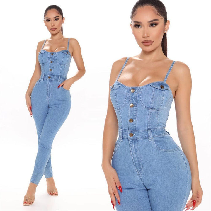 Casual Nightclub Women's High Elastic Denim Jumpsuit Summer Bennys Beauty World