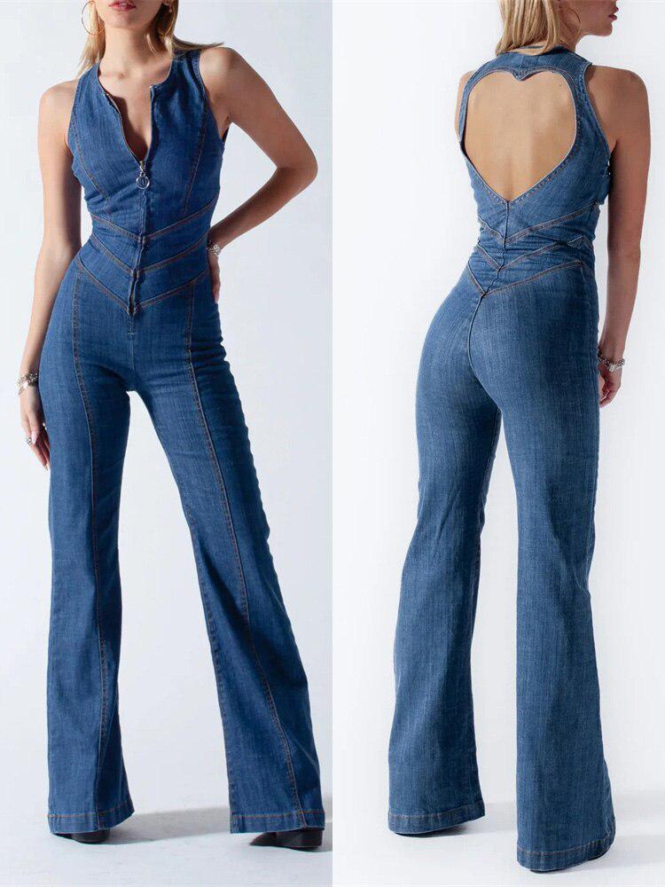 Casual Sleeveless Slim One-Piece Outfits Retro Denim Jumpsuits Bennys Beauty World