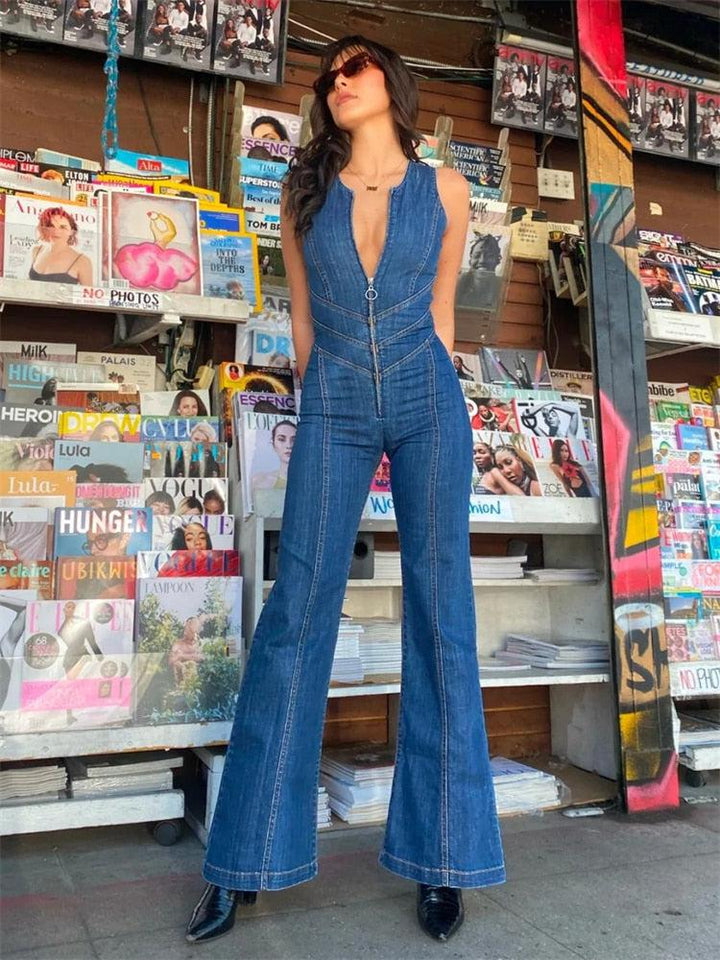 Casual Sleeveless Slim One-Piece Outfits Retro Denim Jumpsuits Bennys Beauty World