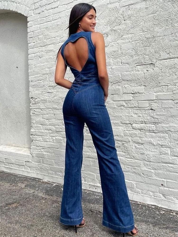 Casual Sleeveless Slim One-Piece Outfits Retro Denim Jumpsuits Bennys Beauty World