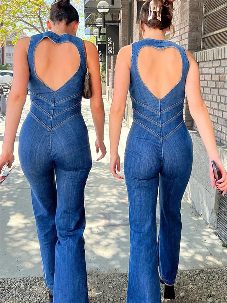 Casual Sleeveless Slim One-Piece Outfits Retro Denim Jumpsuits Bennys Beauty World