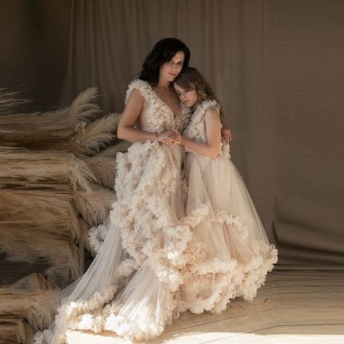Chic Puffy Ruffle Tulle Dress For Mother and Daughter Tiered Pleated Long Dress Bennys Beauty World