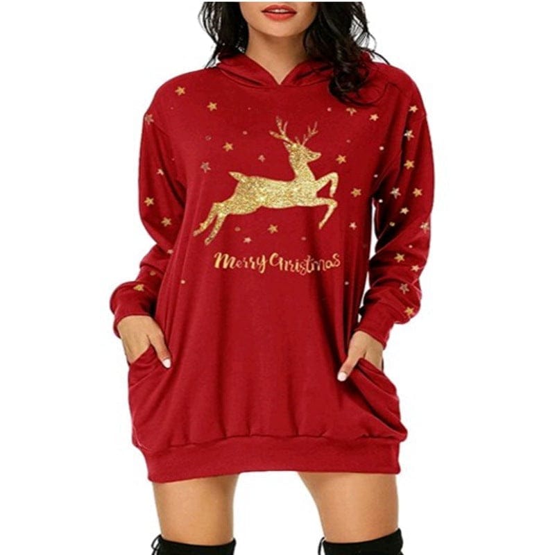 Christmas hot sale printed mid-length pocket hooded long-sleeved sweater Bennys Beauty World