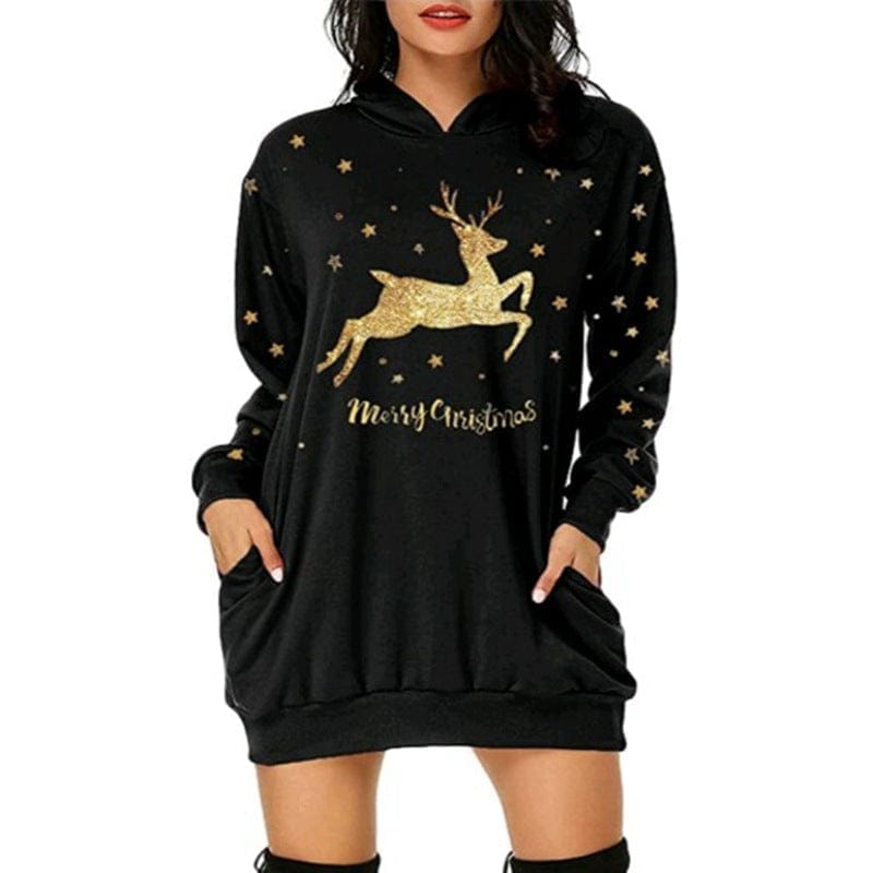 Christmas hot sale printed mid-length pocket hooded long-sleeved sweater Bennys Beauty World