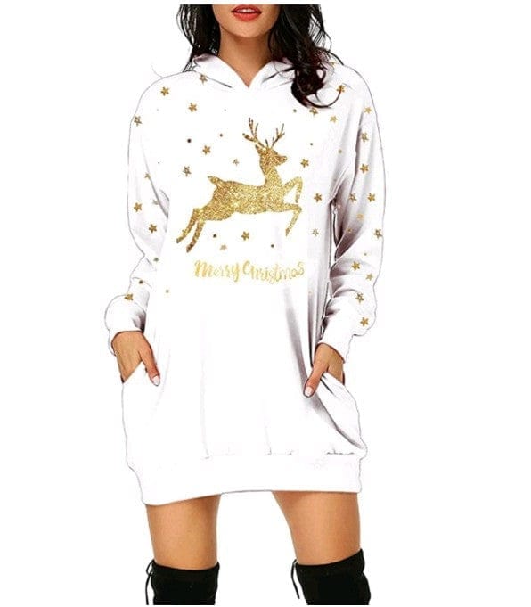 Christmas hot sale printed mid-length pocket hooded long-sleeved sweater Bennys Beauty World