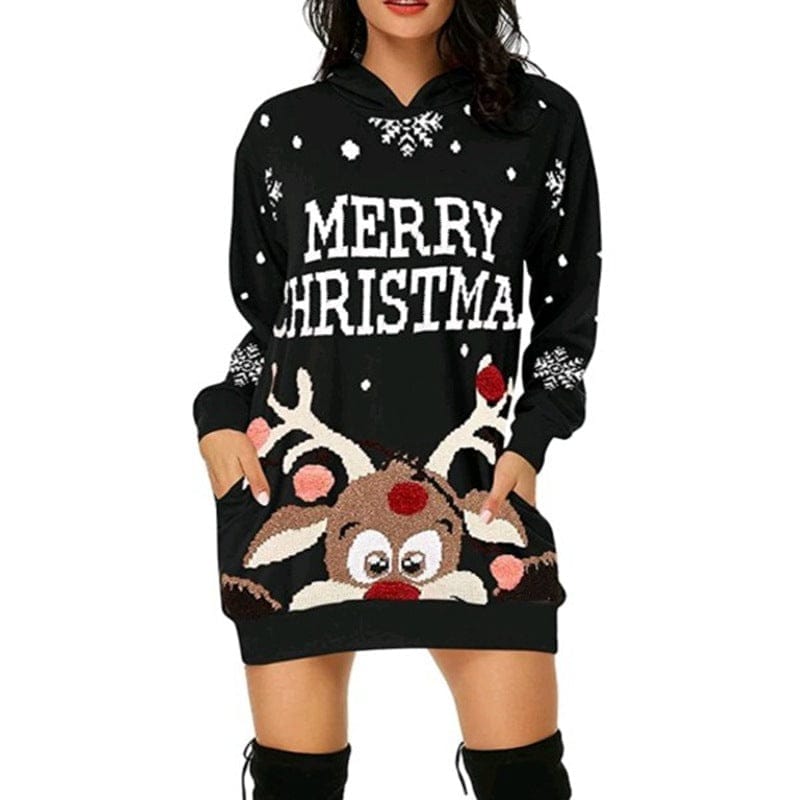 Christmas hot sale printed mid-length pocket hooded long-sleeved sweater Bennys Beauty World