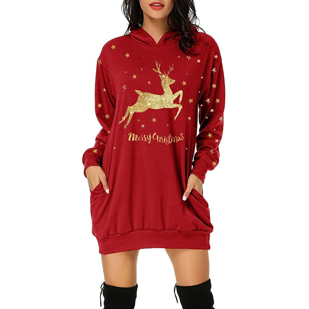 Christmas hot sale printed mid-length pocket hooded long-sleeved sweater Bennys Beauty World