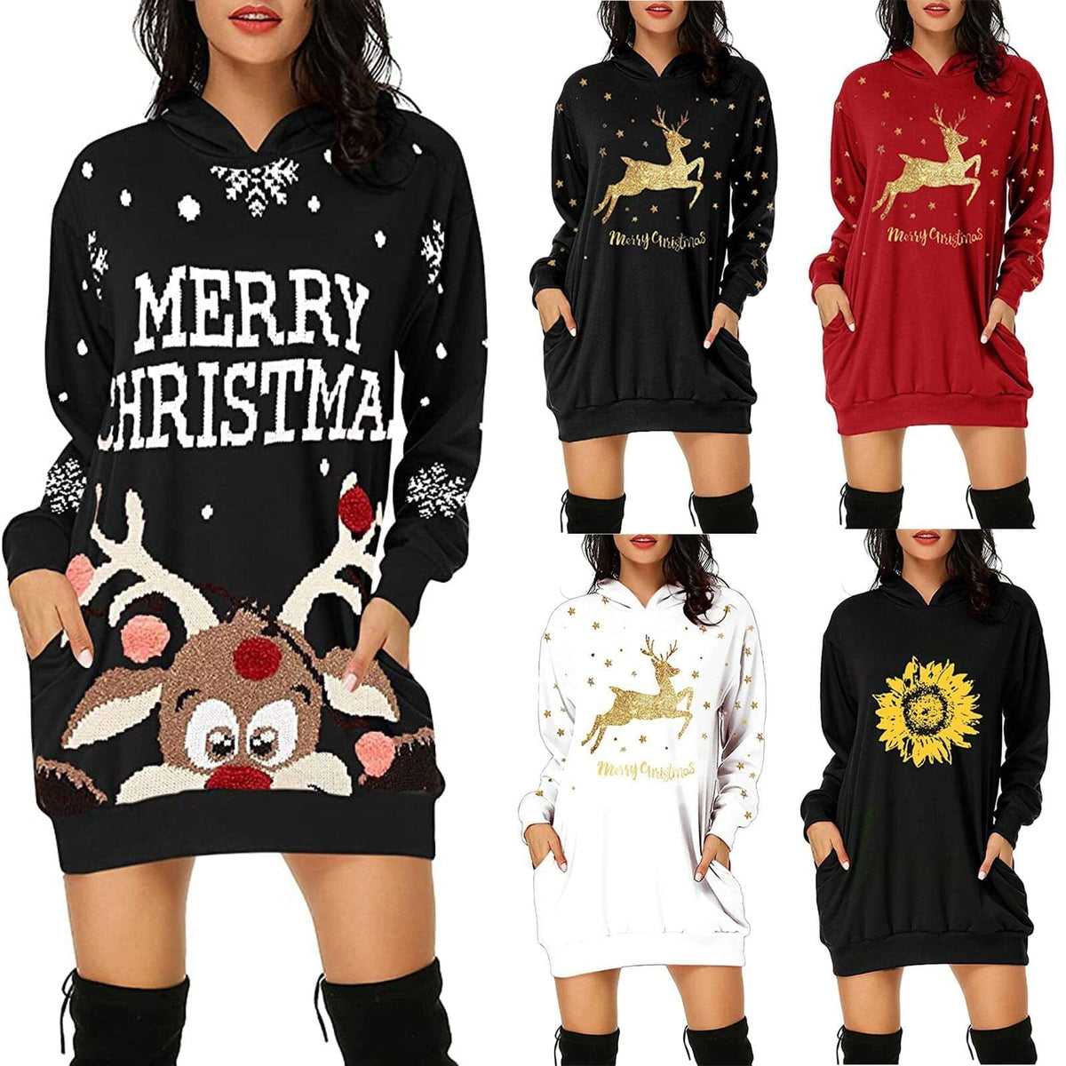 Christmas hot sale printed mid-length pocket hooded long-sleeved sweater Bennys Beauty World