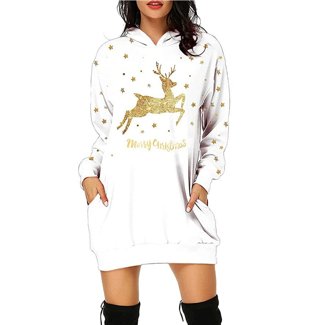 Christmas hot sale printed mid-length pocket hooded long-sleeved sweater Bennys Beauty World