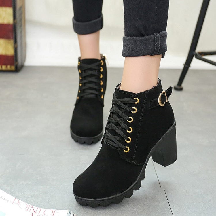 Chunky Block Heel Boots Buckle Ankle Boots Women Shoes Bennys Beauty World