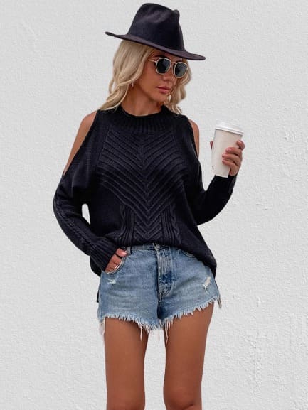 Cold Shoulder Knitted Loose Sweaters For Women