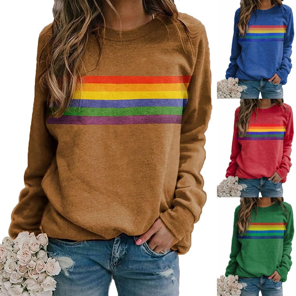 Color Striped Print Round Neck Pullover Long Sleeve Sweater Bennys Beauty World