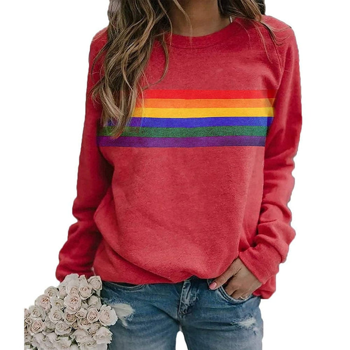 Color Striped Print Round Neck Pullover Long Sleeve Sweater Bennys Beauty World