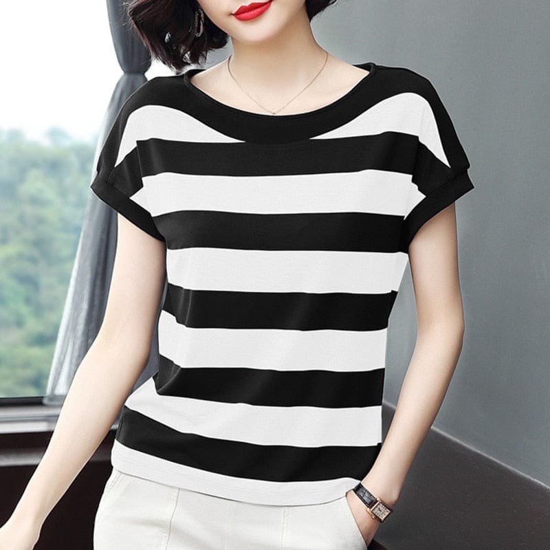 Cotton Black Striped Women Summer Loose T-Shirts 2020 Bennys Beauty World